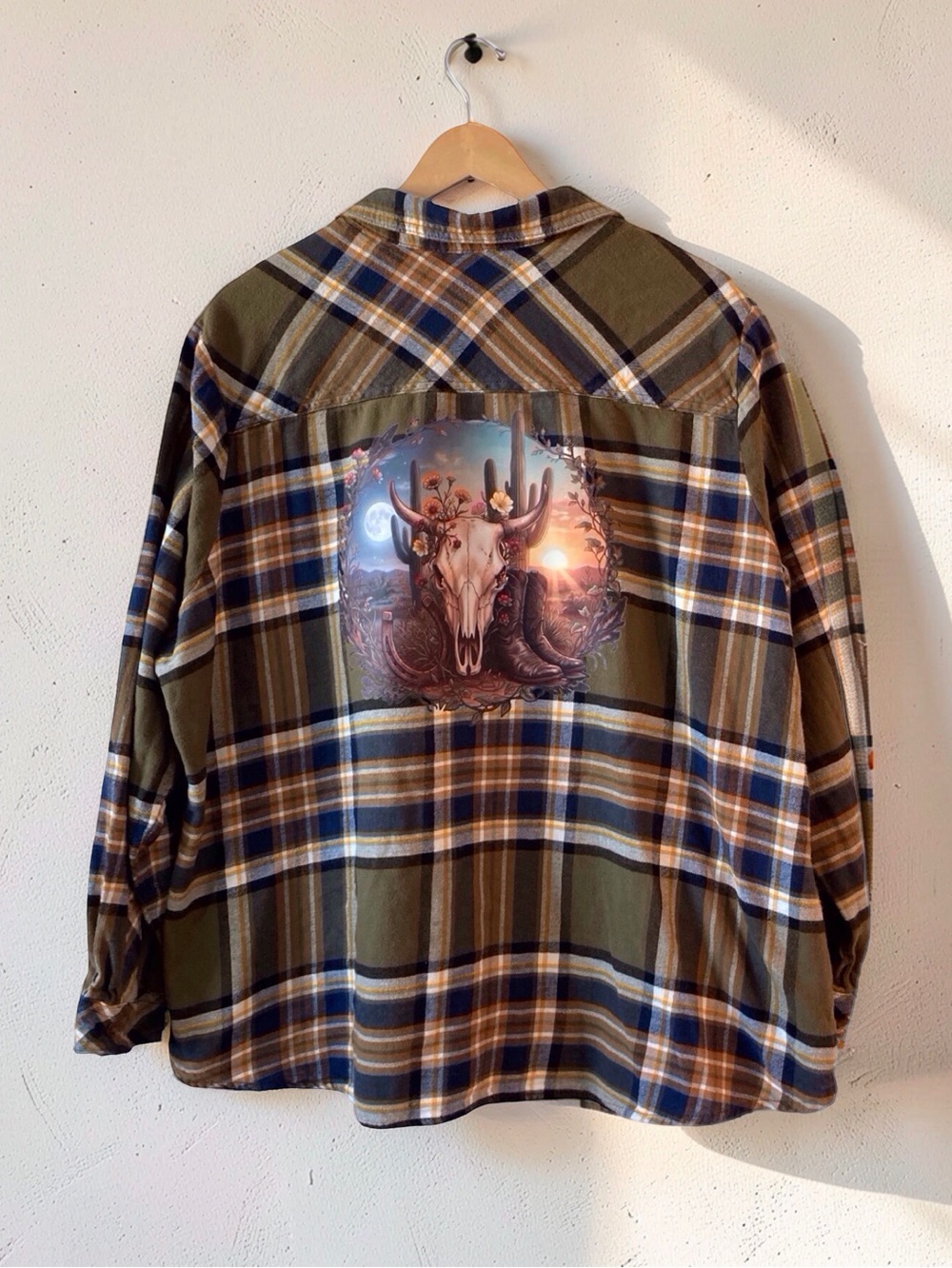 Upcycled Dickies Western Plaid Shirt Floral Skull Graphic Women’s 2XL